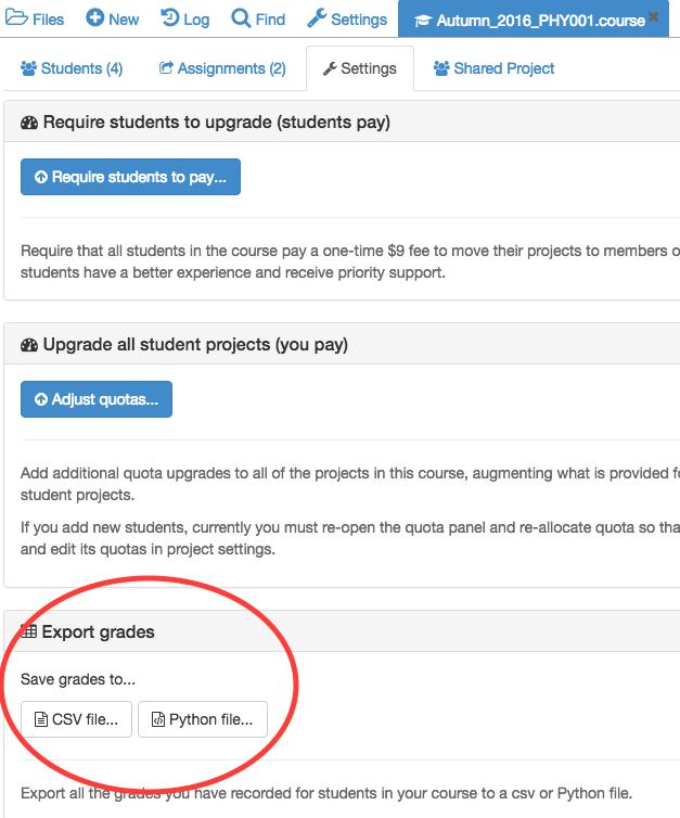 exporting grades for all assignments from the Configuration tab