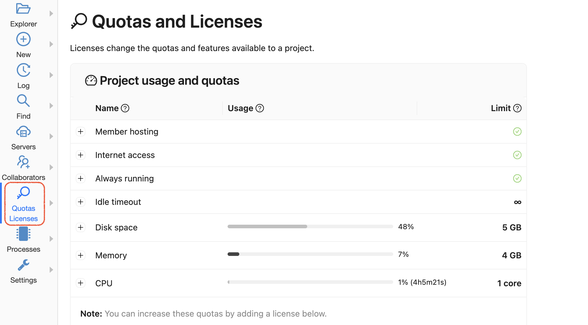 Settings / Quotas and Licenses