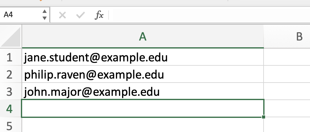 example of student email addresses in a spreadsheet