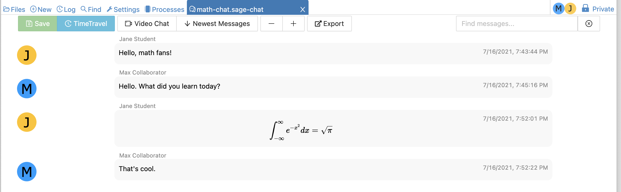 two-person chat showing typeset integral