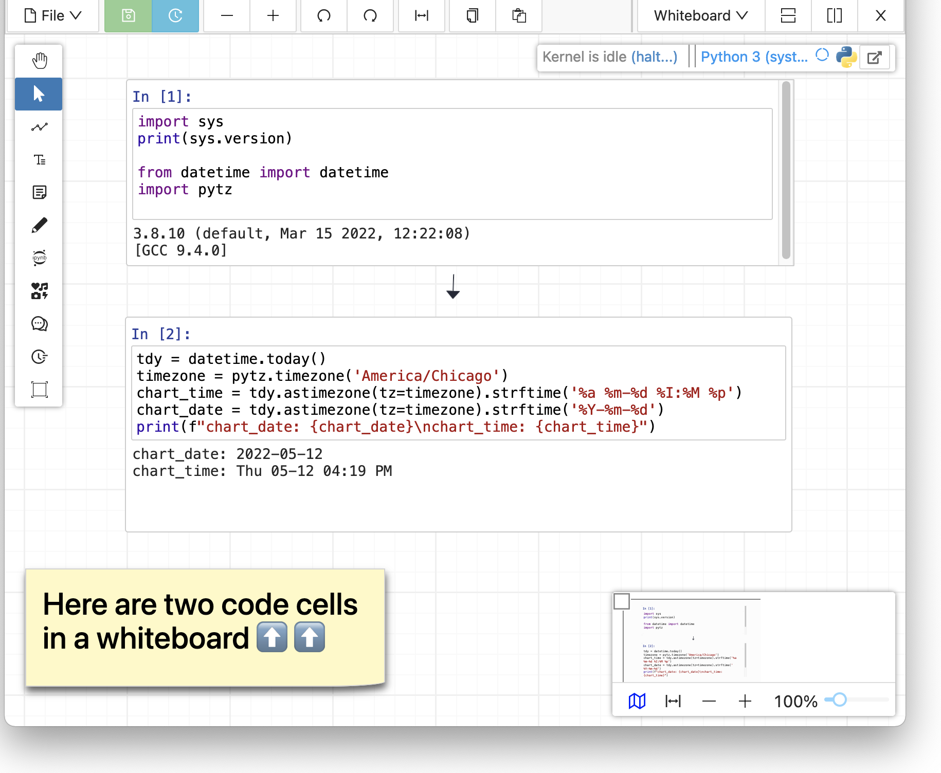slides with two code cells and a sticky note