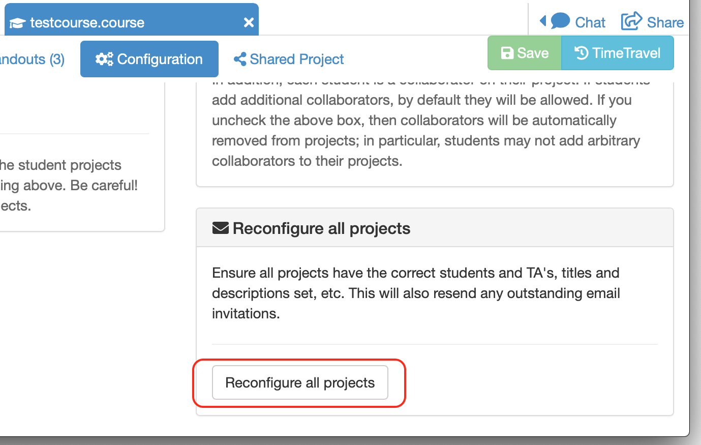 button to reconfigure all student projects in lower right of course Configuration tab
