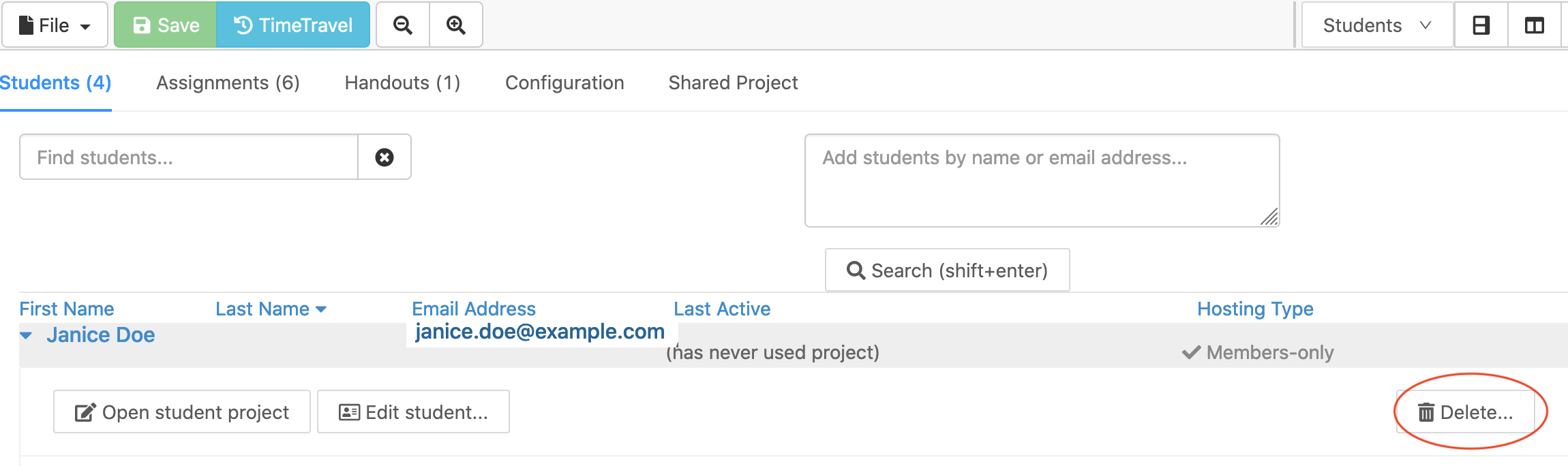 Delete student button is in expanded student entry at right
