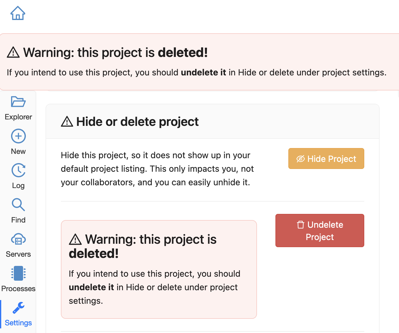confirmation box saying project is deleted