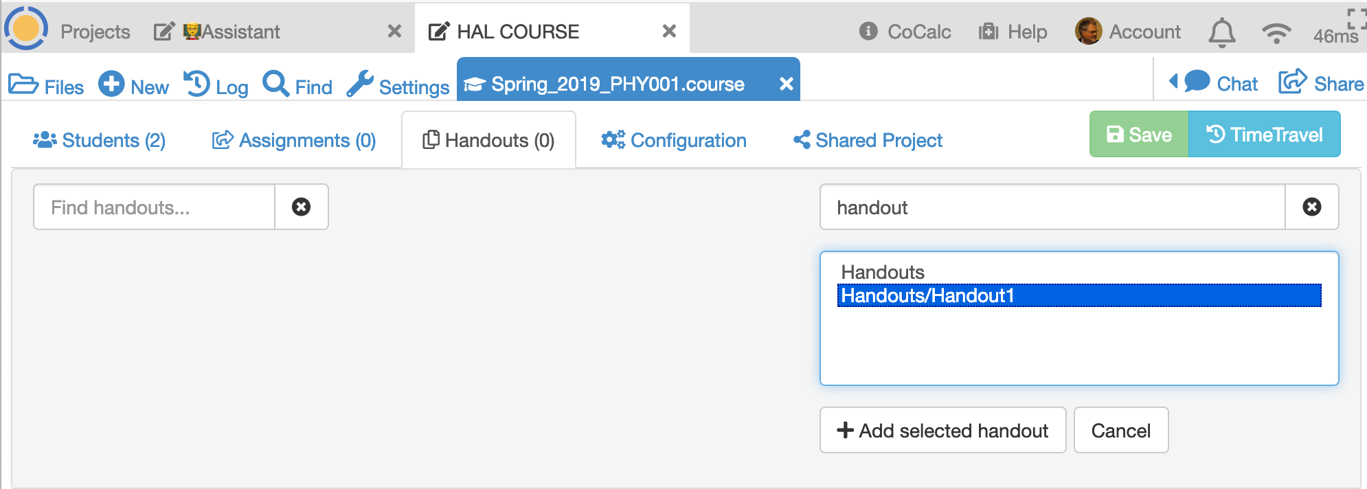 entering a partial handout folder path in the handout search panel at right