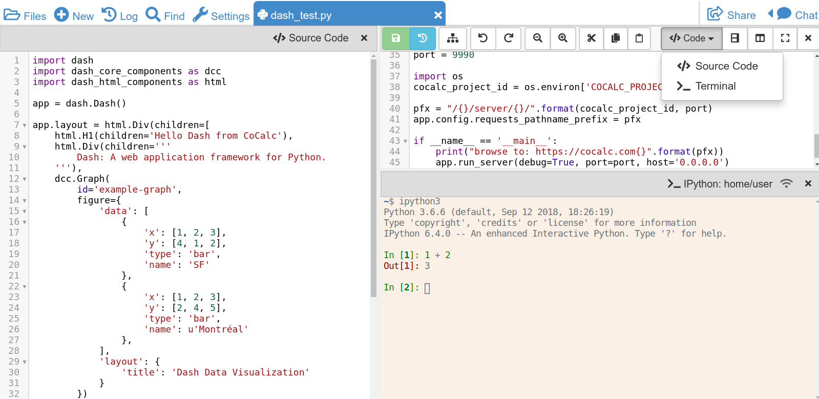 split screen with two views of source file plus terminal running ipython