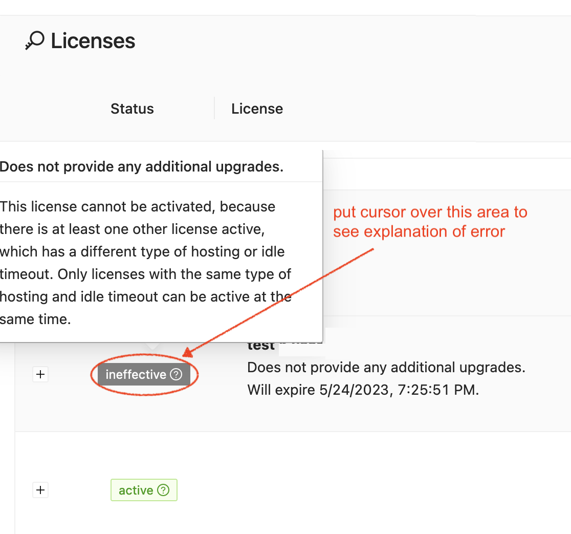 pop-up status explaining incompatible licenses