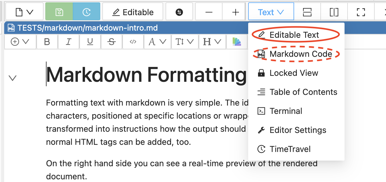 choosing Markdown Code vs. Editable Text while editing an md file