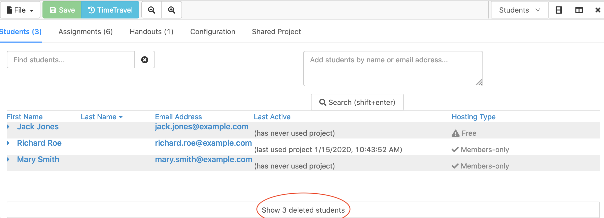 Button to show deleted students is at very bottom of student list