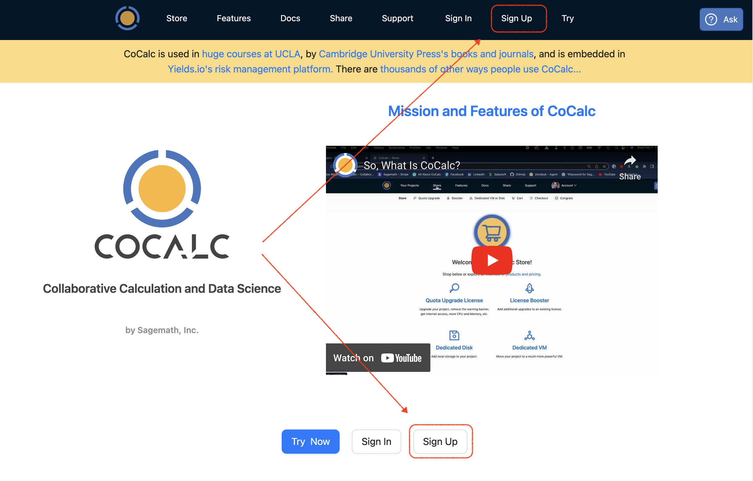 CoCalc welcome page with Sign Up buttons circled in red